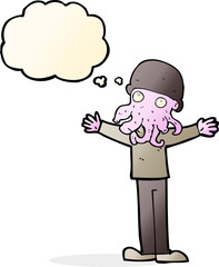 cartoon alien squid face man with thought bubble