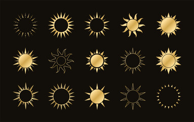 Golden boho celestial sun icon logo set. Simple modern abstract design for templates, prints, web, social media posts