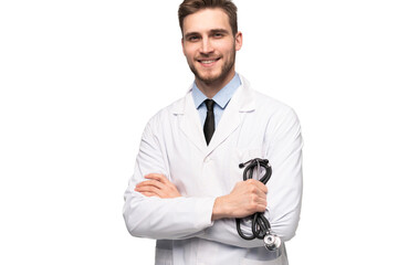 Smiling medical worker in white coat isolated on transparent