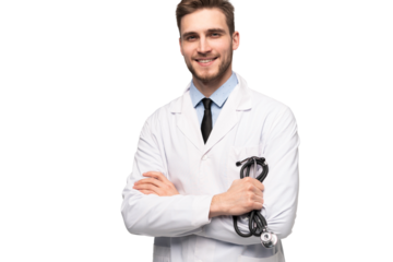 Smiling medical worker in white coat isolated on transparent