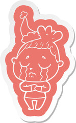 cartoon  sticker of a crying woman wearing santa hat