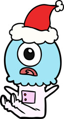 line drawing of a cyclops alien spaceman wearing santa hat