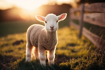 Obraz premium Cute little lamb on a meadow during summer sunrise. Generative ai