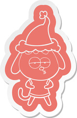 cartoon  sticker of a bored dog wearing santa hat
