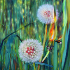 Surreal burning dandelion and bee in the meadow