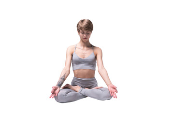 Young attractive Woman practicing home yoga, working out, wearing sportswear, isolated. Healthy...