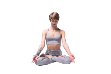 Young attractive Woman practicing home yoga, working out, wearing sportswear, isolated. Healthy life, keep fit concepts