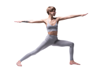 Young attractive Woman practicing home yoga, working out, wearing sportswear, isolated. Healthy life, keep fit concepts