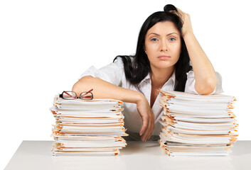 Depressed young businesswoman with folders of documents on white background