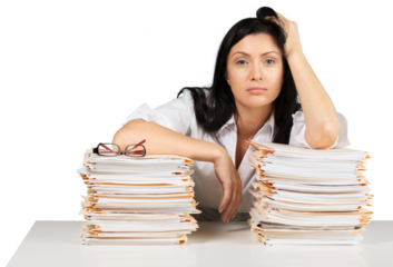 Depressed young businesswoman with folders of documents on white background