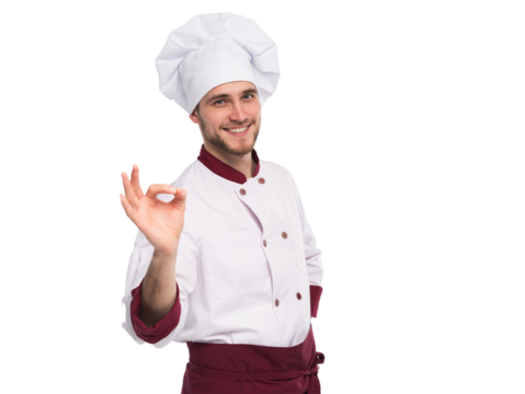 Positive professional happy man chef showing tasty ok sign isolated on transparent background