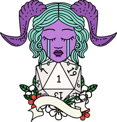 crying tiefling with natural one D20 roll illustration