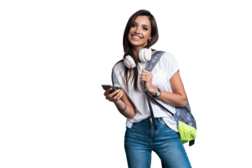 Young beautiful woman with smart phone. Smiling student girl going on a travel. Isolated on transparent background