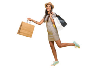 Full length portrait of a happy pretty girl holding shopping bags while running and looking at camera isolated over transparent background