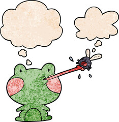 cartoon frog catching fly and thought bubble in grunge texture pattern style