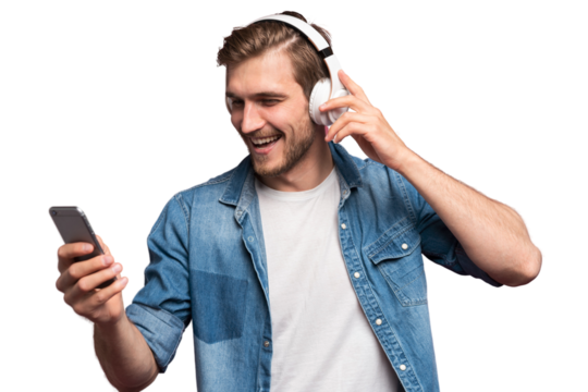 Excited young man wearing jeans shirt standing isolated over transparent background, listening to music with earphones and mobile phone