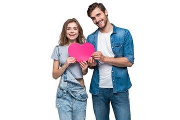 Couple smiling at camera holding a heart on transparent background