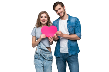 Couple smiling at camera holding a heart on transparent background