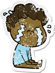 distressed sticker of a cartoon man crying