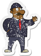 retro distressed sticker of a cartoon sensible business man in bowler hat