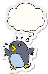 cartoon frightened penguin and thought bubble as a printed sticker