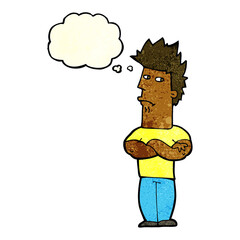 cartoon man sulking with thought bubble