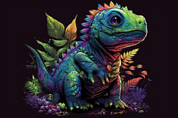 Obraz premium Dinozaur portrait in neon colors. Generative AI.