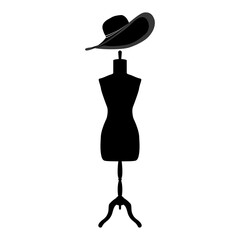 Manekin krawiecki oraz elegancki kapelusz z dużym rondem - czarne kontury na białym tle. Szycie, krawiectwo, projektowanie mody. Kobieca sylwetka, tors. Wektorowa ilustracja. - obrazy, fototapety, plakaty