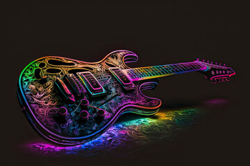 Guitar in neon colors. Generative AI.