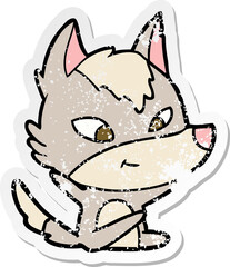 distressed sticker of a friendly cartoon wolf
