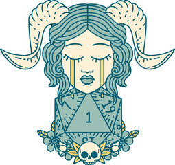 sad tiefling with natural one d20 dice roll illustration
