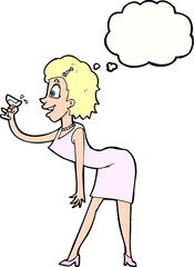 cartoon woman with drink with thought bubble
