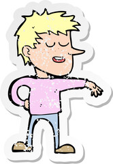 retro distressed sticker of a cartoon man making dismissive gesture
