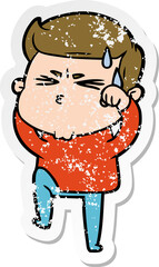 distressed sticker of a cartoon man sweating