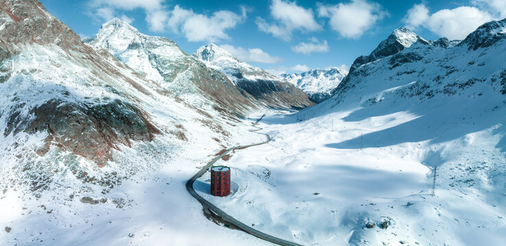 Julier Theater Tower on the Julier Pass in winter. Canton of Graubuenden, Switzerland.