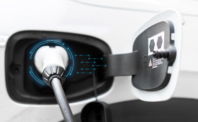 Electric vehicle charging battery EV car power with plug cable for vehicle clean energy and eco green power.technology of electric car concept