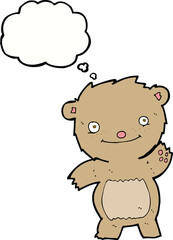 cartoon waving teddy bear with thought bubble