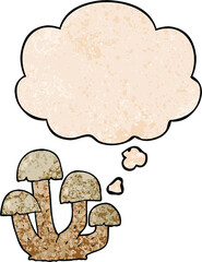 cartoon mushroom and thought bubble in grunge texture pattern style