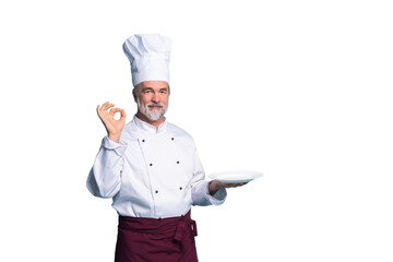 Portrait of a happy chef cook showing copyspace on the palms isolated on transparent background