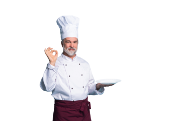 Portrait of a happy chef cook showing copyspace on the palms isolated on transparent background
