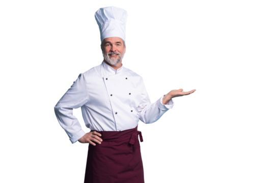 Portrait of a happy chef cook showing copyspace on the palms isolated on transparent background