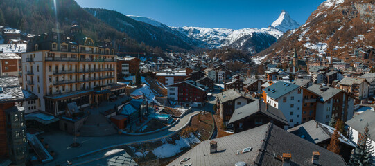 Aerial view on Zermatt Valley town and Matterhorn Peak in the background in the morning in...