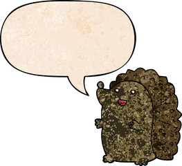cartoon happy hedgehog and speech bubble in retro texture style
