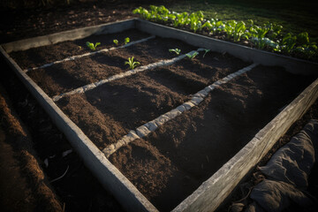 photo of newly planted vegetable bed with small lettuce plants behind, wooden frame