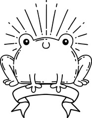 banner with black line work tattoo style happy frog