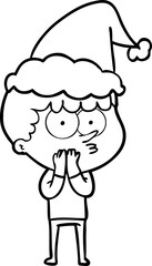 line drawing of a curious boy wearing santa hat