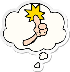 cartoon thumbs up sign and thought bubble as a printed sticker