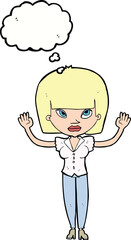 cartoon woman with raised hands with thought bubble