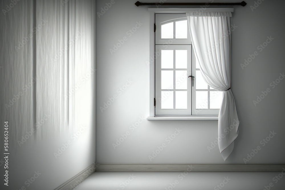 Poster white room with a window and curtains. generative ai mock up