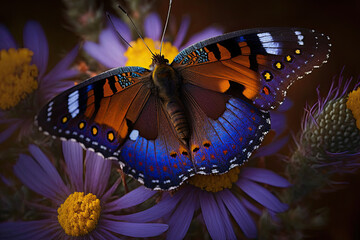 big colorful butterfly sitting on purple flowers with yellow petal stamp